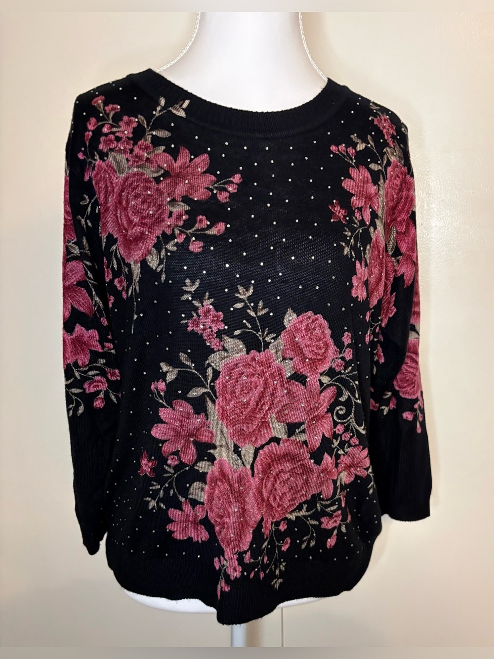 C.D. Petites Black Pink Rose Floral Rhinestone Sweater Pullover